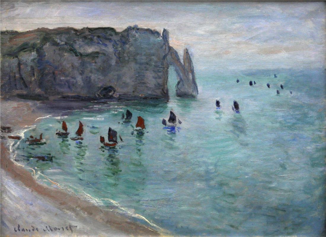 Etretat the Aval Door Fishing Boats Leaving the Harbour - Claude Monet Paintings